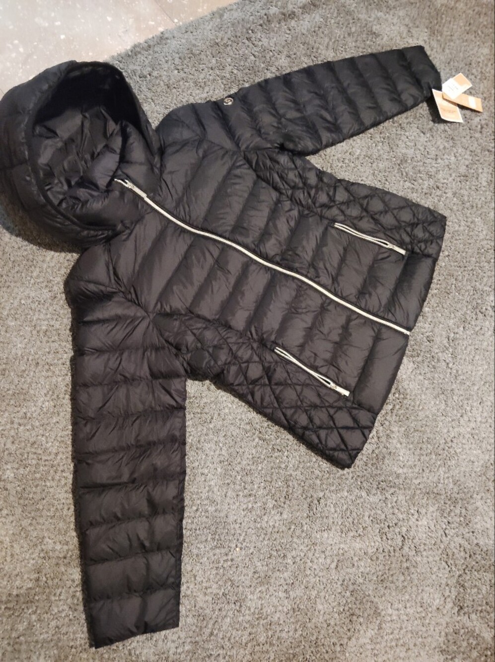 Michael Kors Black Quilted Hooded Puffer Jacket with Silver Zippers
